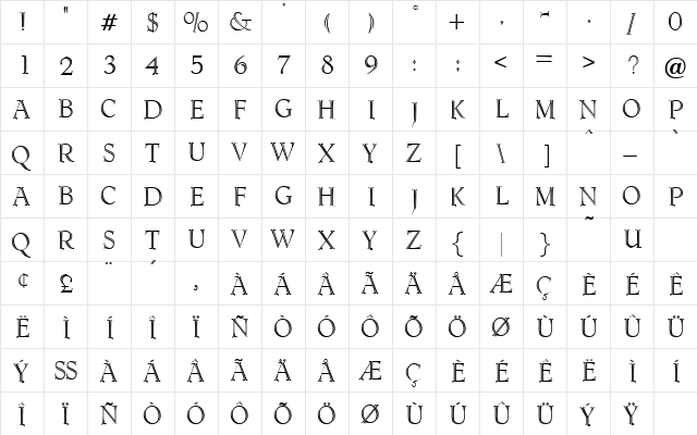 Dagenham Regular  glyph index
