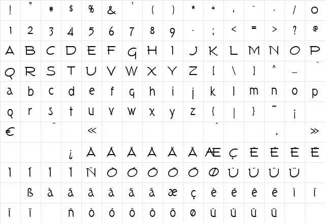 Tork Regular  glyph index