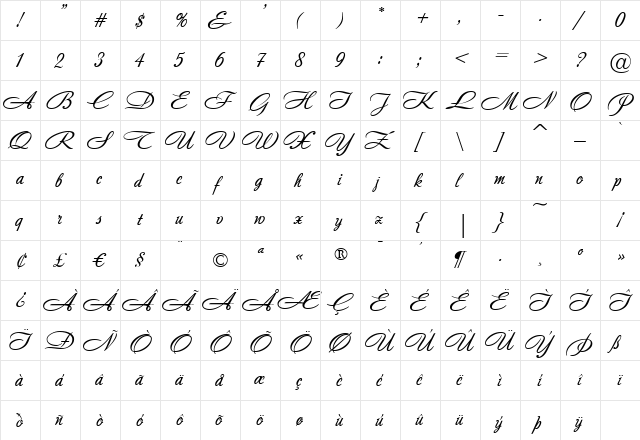 Andantino script Regular  glyph index
