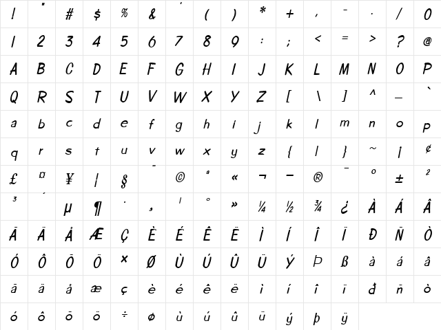 CopybookCondensed Bold Italic  glyph index