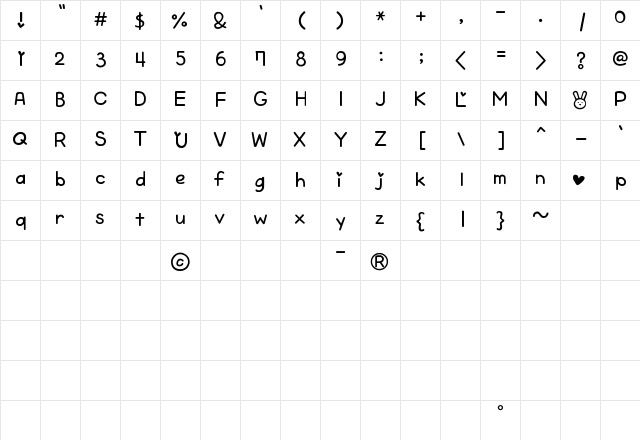 Cheeky Rabbit Regular  glyph index