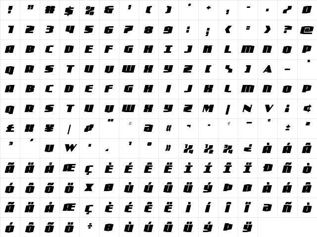 Alpha Century Condensed Italic Regular  glyph index