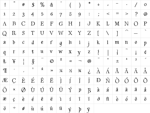 Moonbeam Regular  glyph index