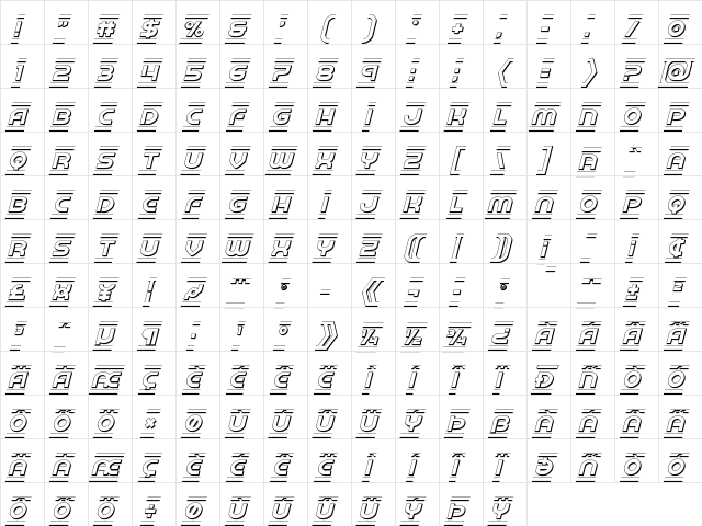 Barcade 3D Italic Italic  glyph index