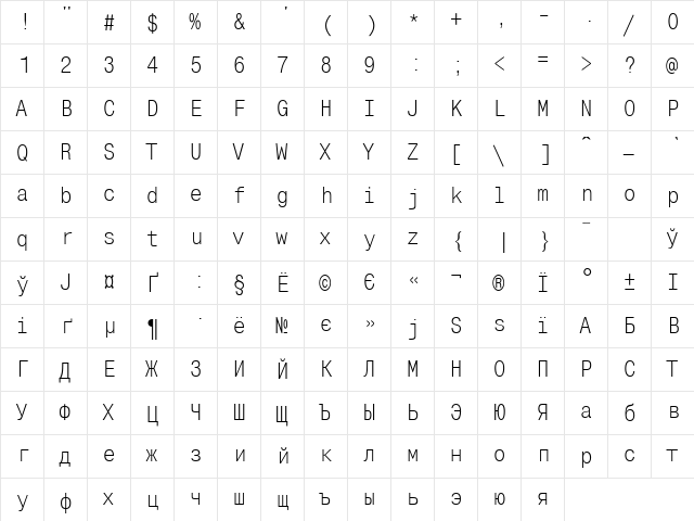 MonoCondensedC Regular  glyph index