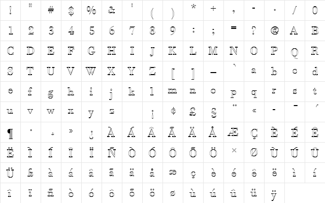 BodoniAntTLigOu1 Regular  glyph index