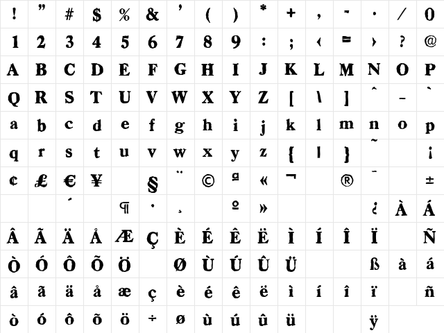 CasadAntique-Heavy Regular  glyph index