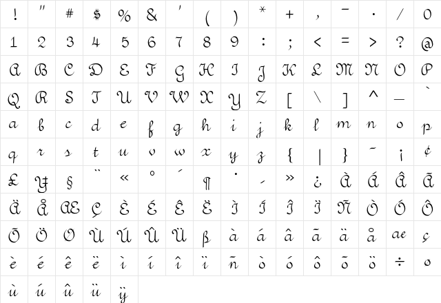 Aubergine Regular  glyph index