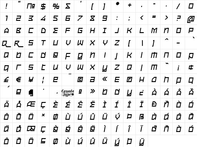 Oxygen Bold Italic  glyph index