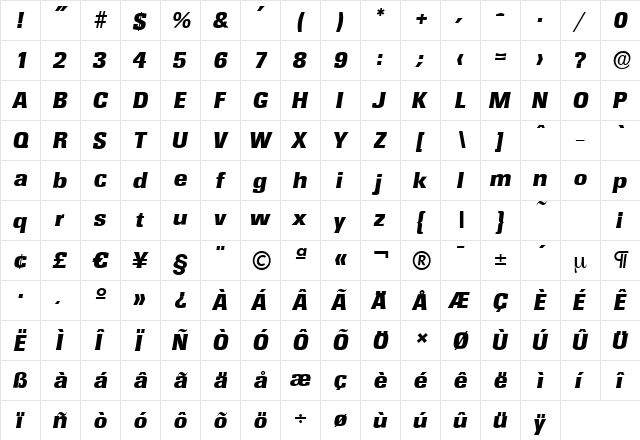 RochesterSerial-Heavy Italic  glyph index