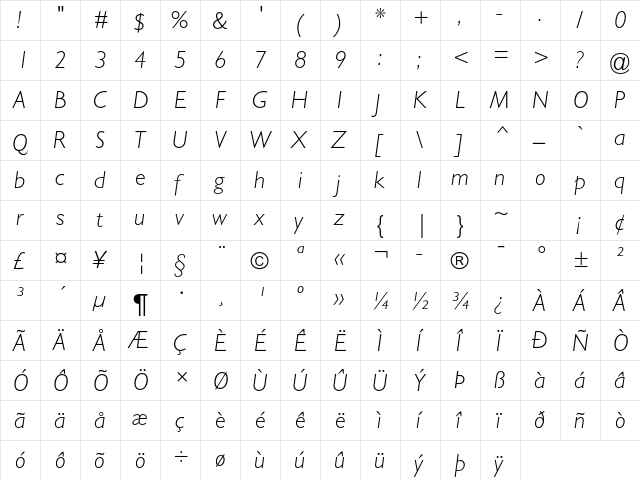 Gill Sans Std Light Italic  glyph index