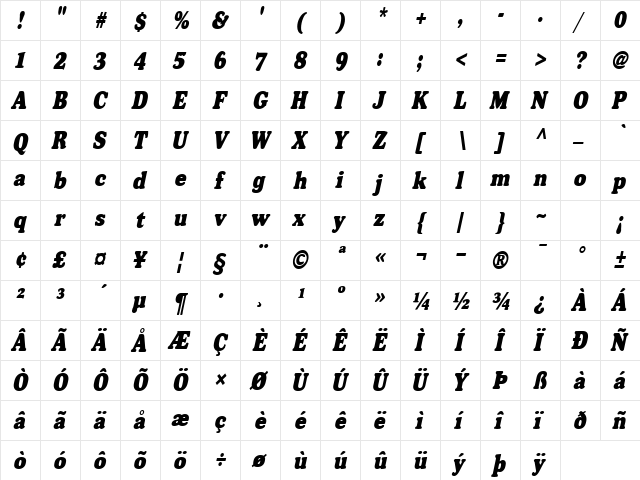 Broadside-Condensed Italic  glyph index