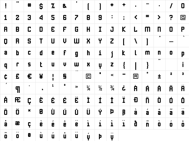 Submarine Bold  glyph index