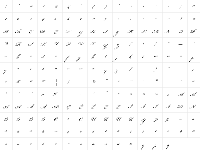 Bickham Script Std Regular  glyph index