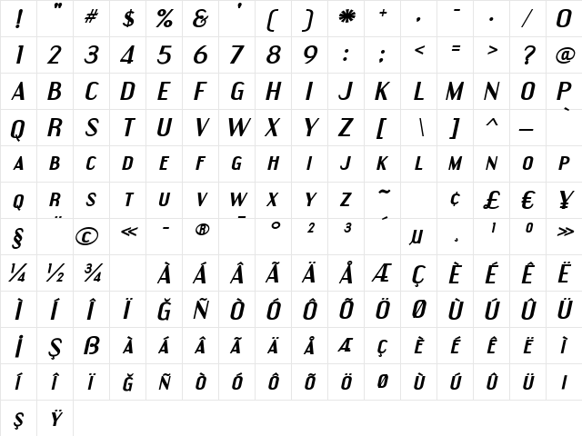 TrSah Engebrechtre Expanded Bold Italic  glyph index
