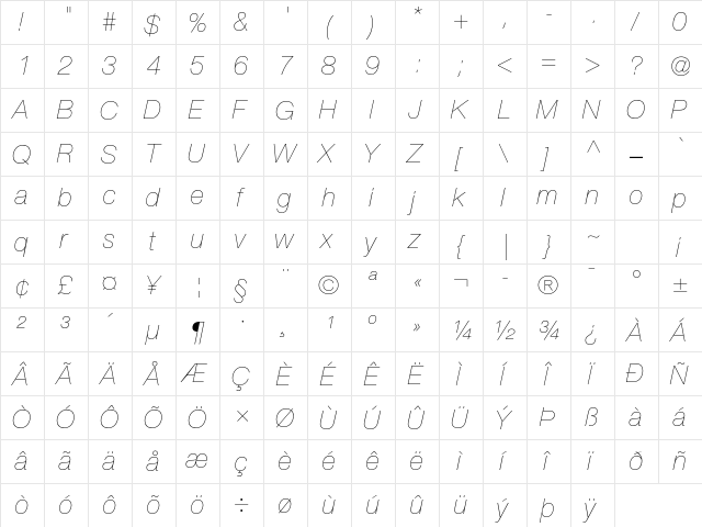 Helvetica Neue LT Std 26 Ultra Light Italic  glyph index