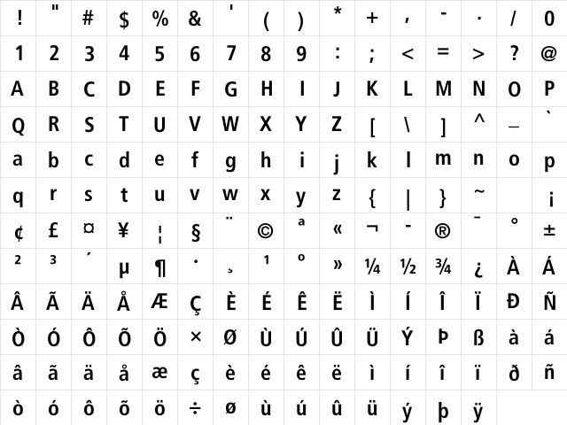 Frutiger LT Com 67 Bold Condensed  glyph index