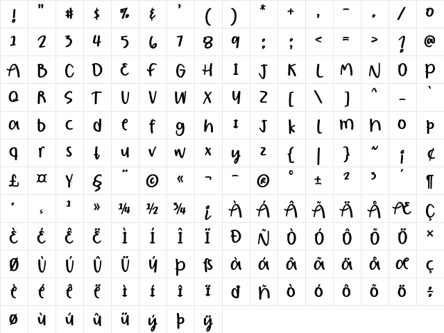 Borjuis Regular  glyph index