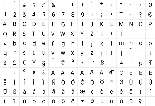 RavennaSerial Regular  glyph index