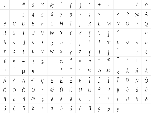 Auto 1 Light Italic  glyph index