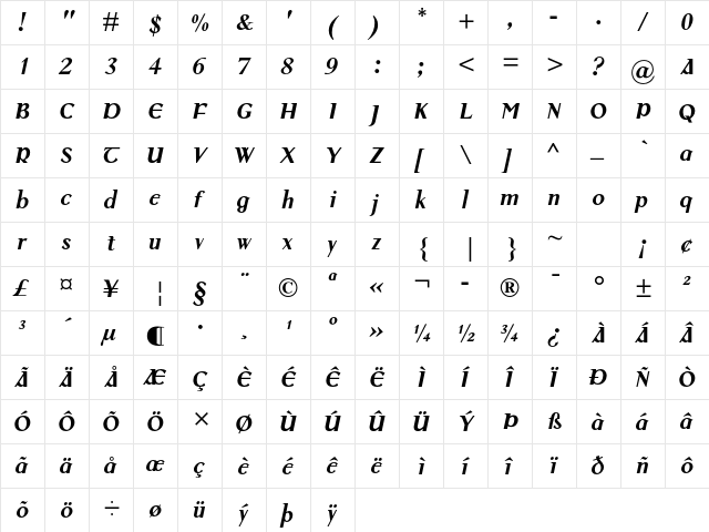 Colmcille MT Std Bold Italic  glyph index
