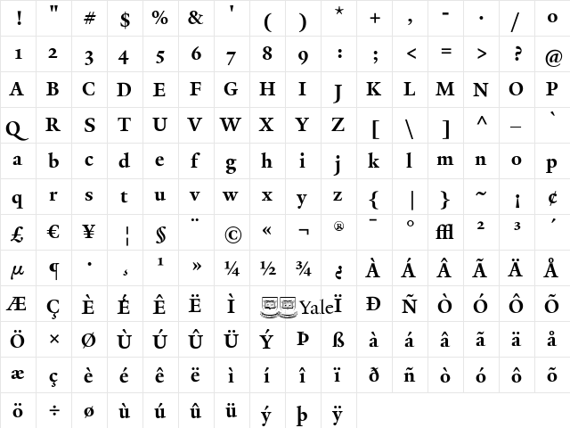YaleDesign Bold  glyph index