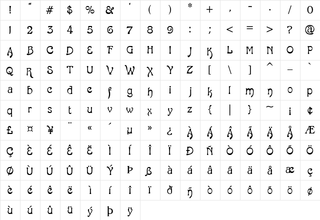 LD Gypsy Regular  glyph index