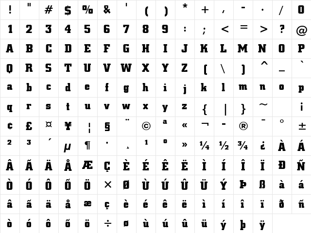 SquareSlab711 Bd BT Bold  glyph index