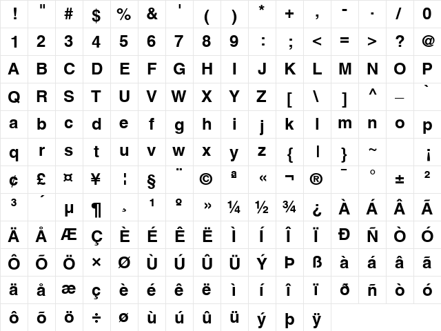 Sans BOLD  glyph index