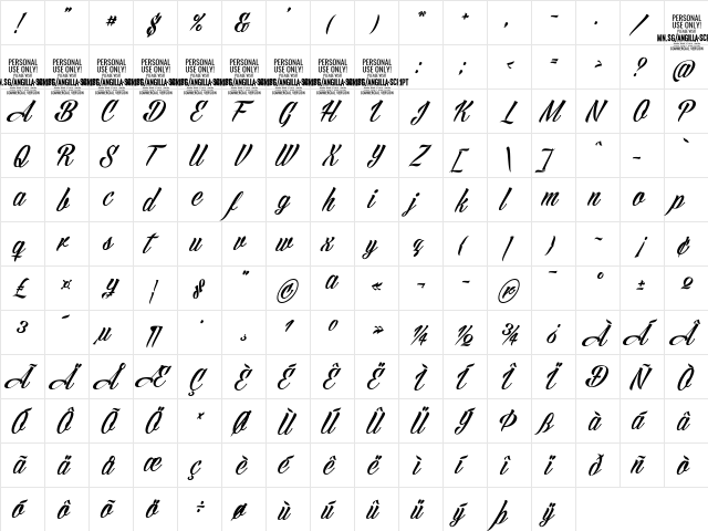 Angilla Script PERSONAL USE Regular  glyph index