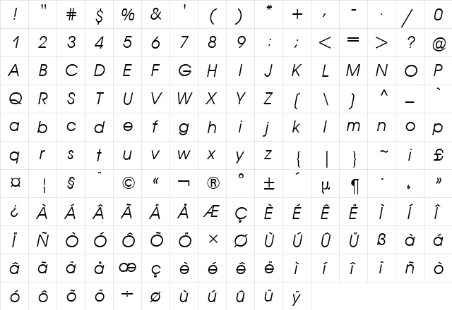 Avant Garde BQ Roman Italic  glyph index