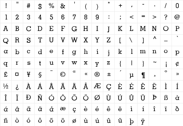 Memphis-Medium Regular  glyph index