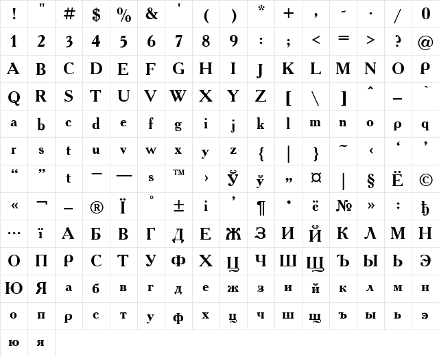 Academia Bold  glyph index