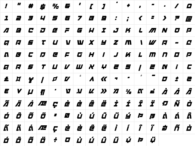 Armed Lightning Condensed Italic Condensed Italic  glyph index