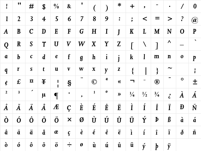 Joanna MT Pro Bold Italic  glyph index