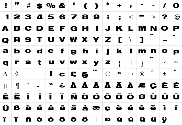 HegelExtended DB Bold  glyph index