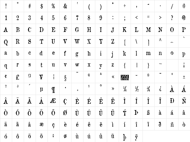 BrunineCnd Regular  glyph index