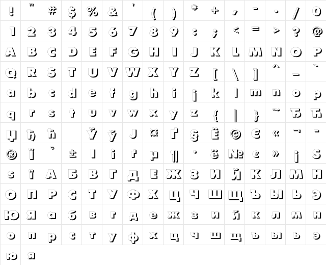FuturisXShadowCTT Regular  glyph index