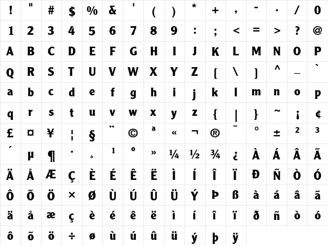 Clearface Gothic LH 75 Bold  glyph index