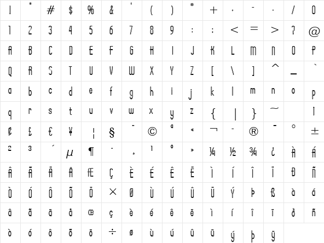 Operator Nine BTN Inline Regular  glyph index