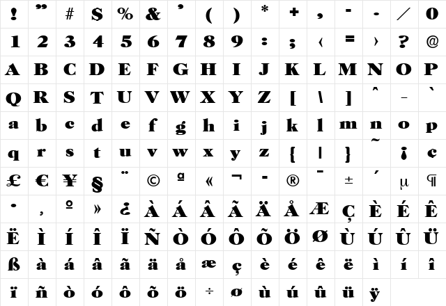 PaulBecker-Heavy Regular  glyph index