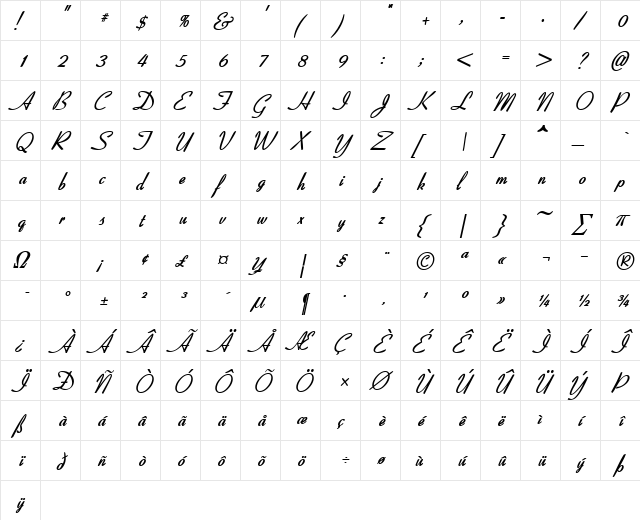 HUNTSON BoldItalic  glyph index