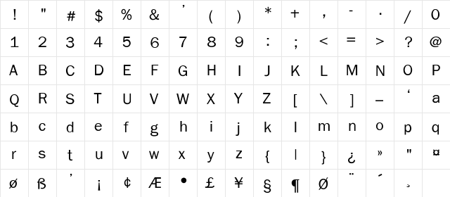 FranklinGothlte Regular  glyph index