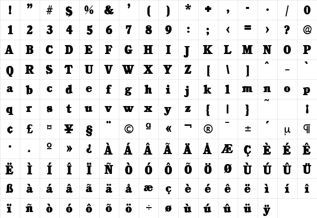 Calgary-Serial-Heavy Regular  glyph index