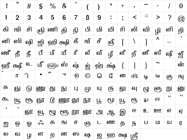 TAM-Kalaignar Normal  glyph index