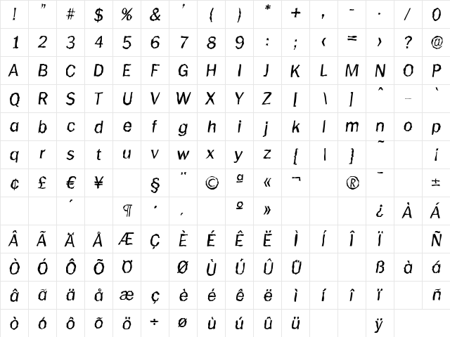 PlymouthRandom Italic  glyph index