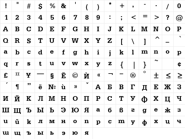 SiriusB Bold  glyph index