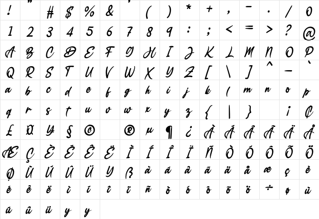 Bellania Regular  glyph index