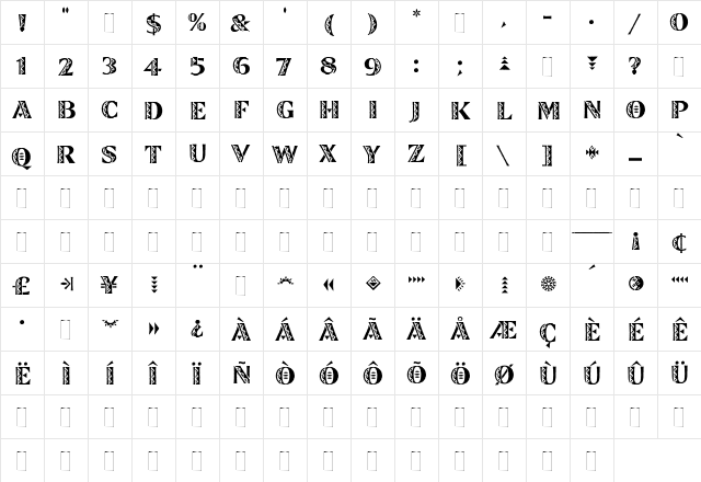 Zinjaro Regular  glyph index
