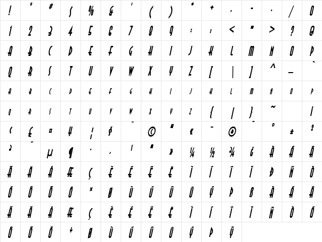 Asia Thin BoldItalic  glyph index